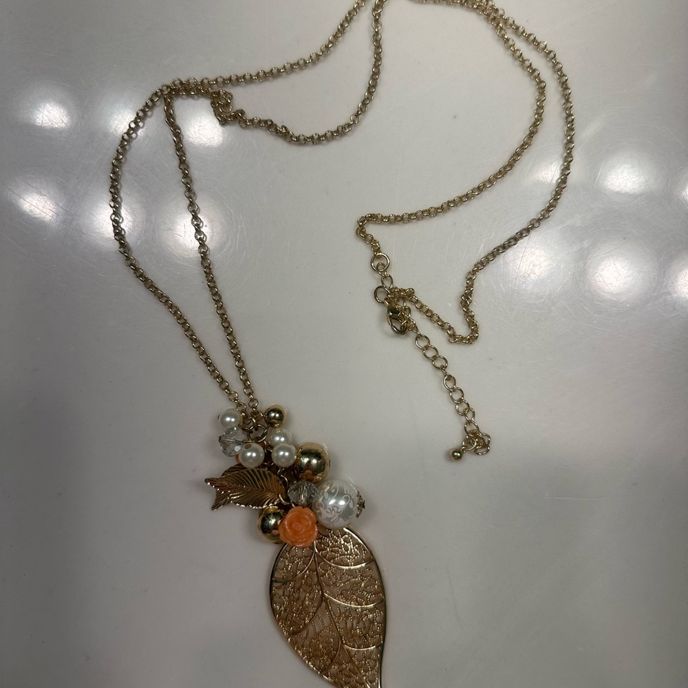 Gold Leaf Pendant Necklace with Pearls and Orange Accent